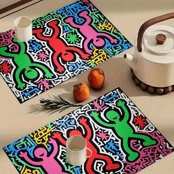 Keith Haring Pop Art Placemats, 4pcs, Fashion Print Pattern Table Mat. - Picture 3 of 6